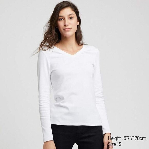 Uniqlo White V-Neck Cotton Long Sleeve T-Shirt M - Picture 1 of 4